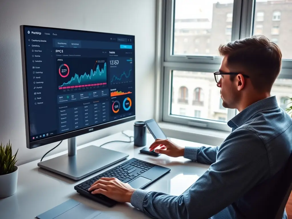 A photo of a project manager setting up a Facebook ad campaign on a computer, showing the targeting and budget settings.