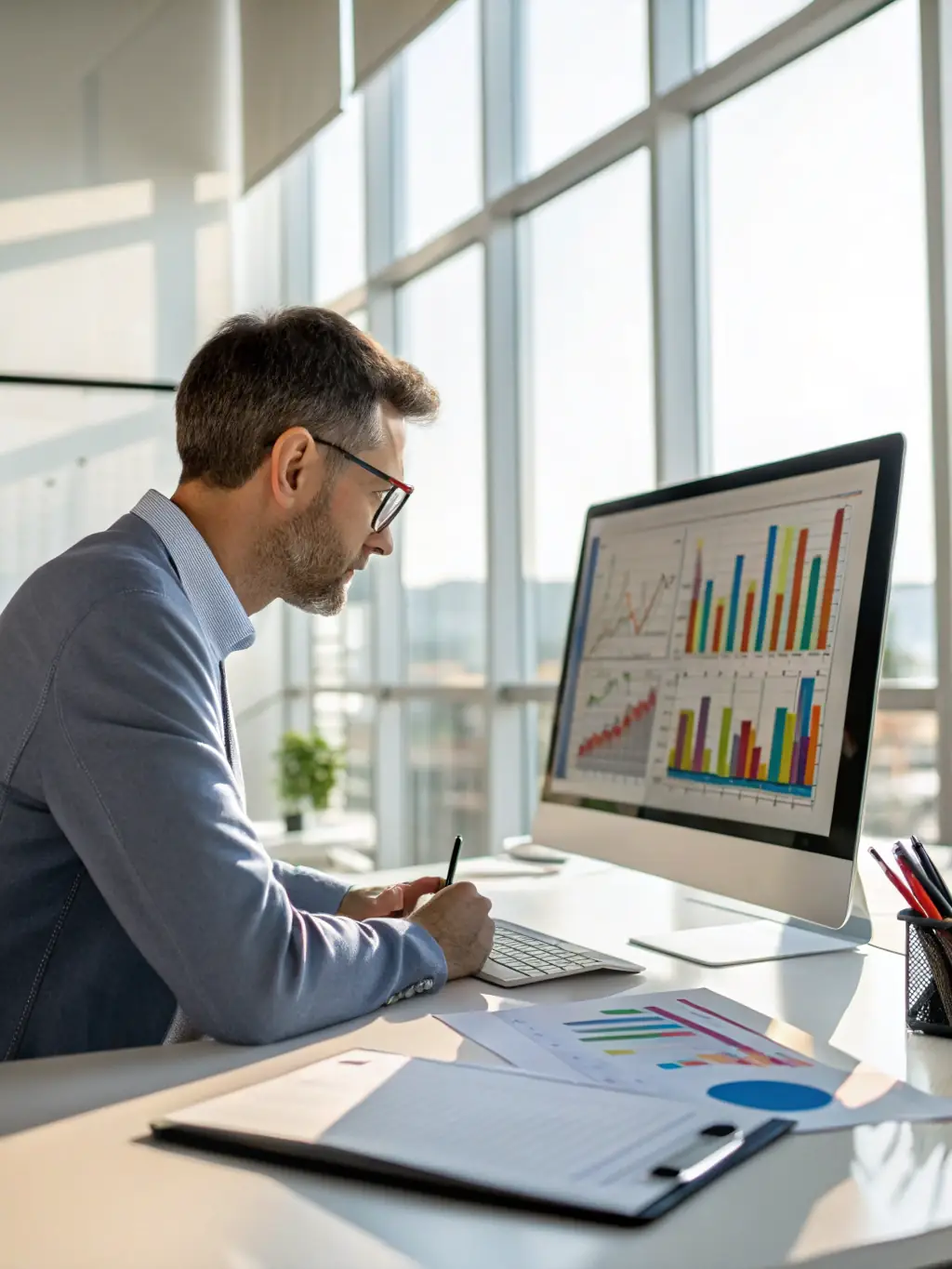 A professional photo of a marketing strategist analyzing data on a computer screen, with charts and graphs indicating successful ad campaign performance.
