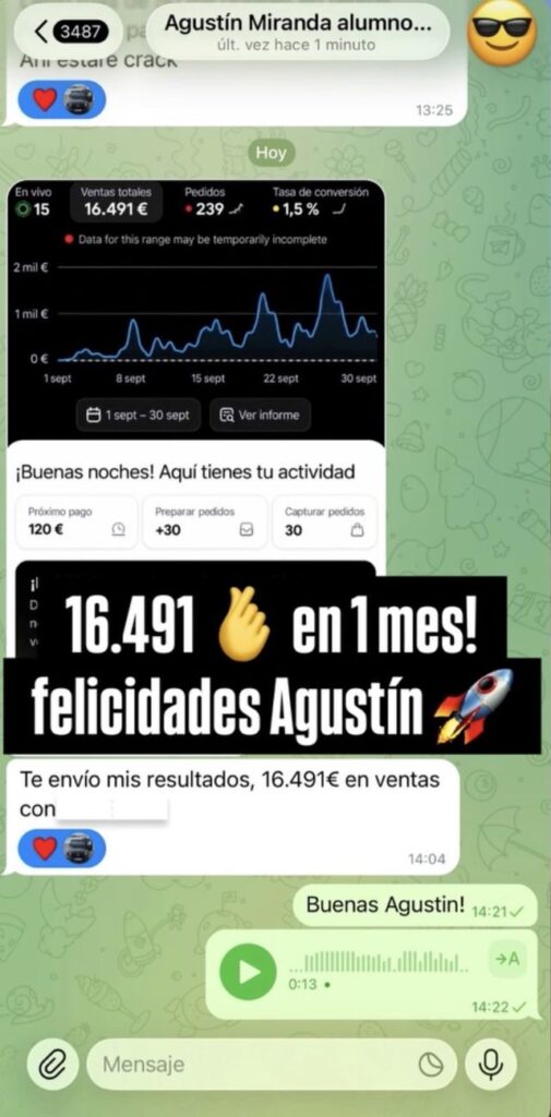 Captura de la conversación con Agustín M., alumno de Native Ecom