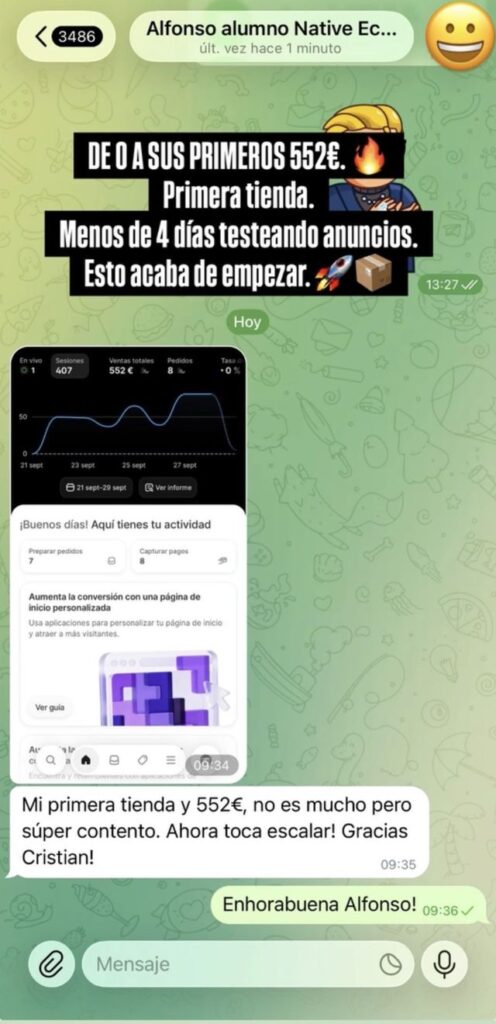 Captura de la conversación con Alfonso, alumno de Native Ecom