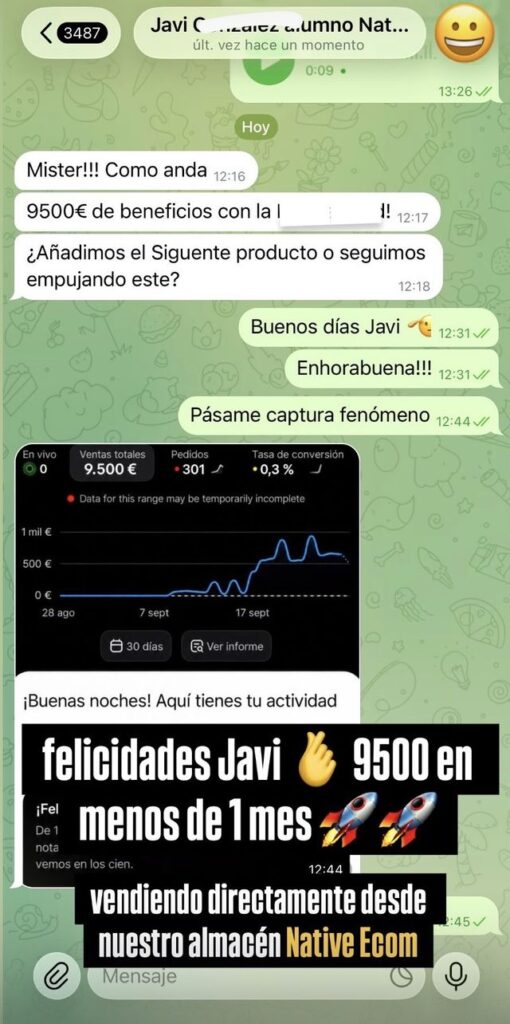 Captura de la conversación con Javi, alumno de Native Ecom