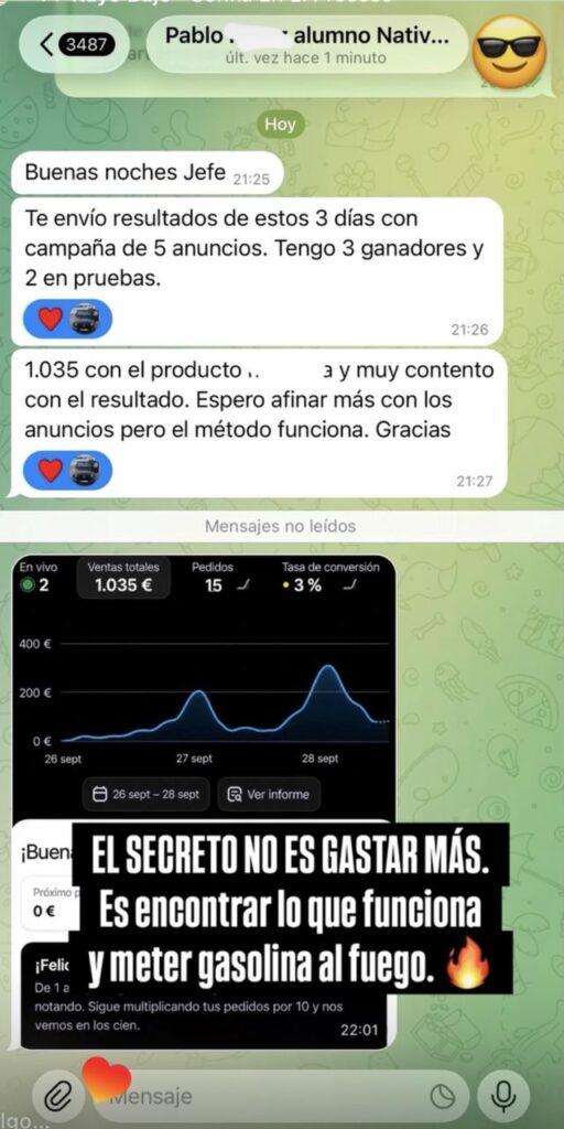 Captura de la conversación con Pablo, alumno de Native Ecom
